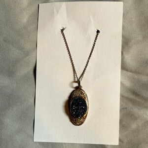 Blue Druse quartz and Silver Oval Pendant Necklace